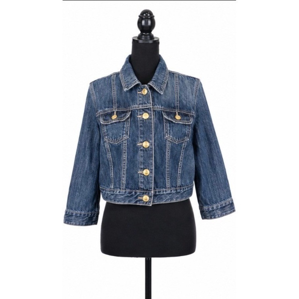 American Eagle Denim Jacket Womens Sz L Blue EUC Cropped Cinch Back Gold Button